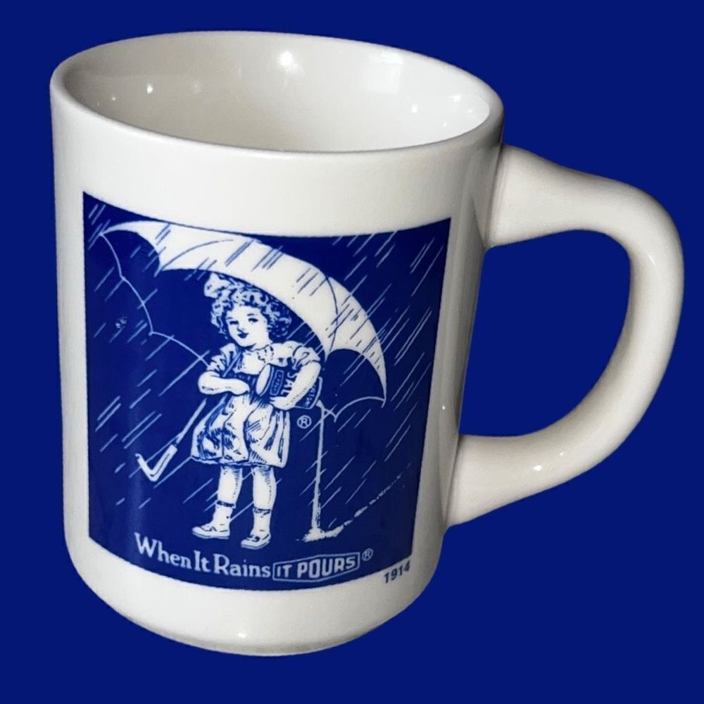 Vintage Morton Salt Ceramic Coffee Cup 1914  “When it Rains it Pours” Heavy Mug